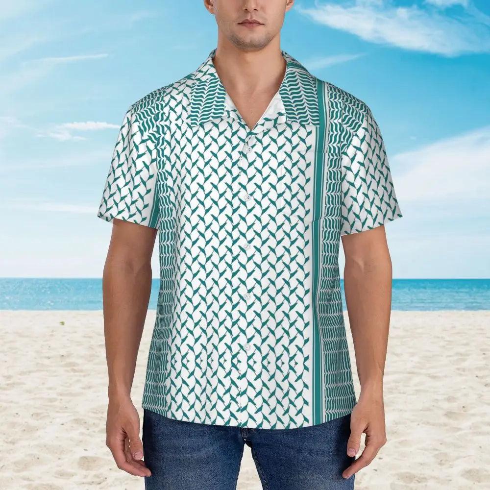 AAP- Palestine Keffiyeh Turquoise Blue Casual Shirt Loose Hawaiian Men Short-Sleeve Beach Street Style Design Oversize Blouses - Smartify4u