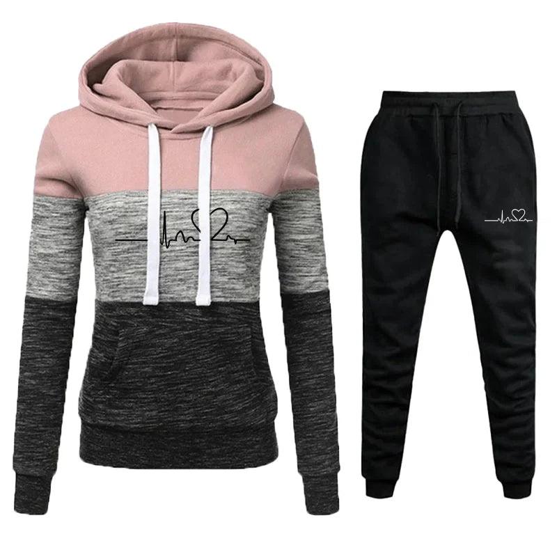 AAW- New Women's Long Sleeved Pants Set Wool Pullover Sweatshirt Tri Color Panel Hoodie Top Sweatpants Set Plus Size S-4XL - Smartify4u