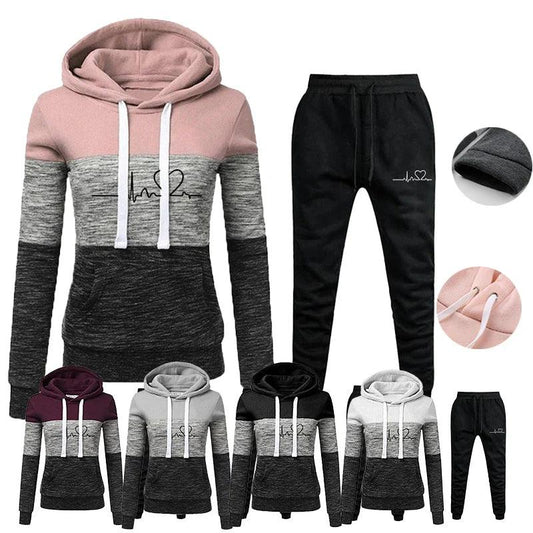 AAW- New Women's Long Sleeved Pants Set Wool Pullover Sweatshirt Tri Color Panel Hoodie Top Sweatpants Set Plus Size S-4XL - Smartify4u