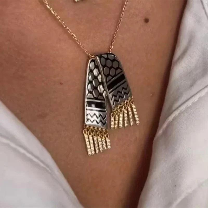 AAP- 1Pc Stainless Steel Scarf Shape Pendant Palestine Scarf Gaza Rhinestone Tassel Necklace Gift - Smartify4u