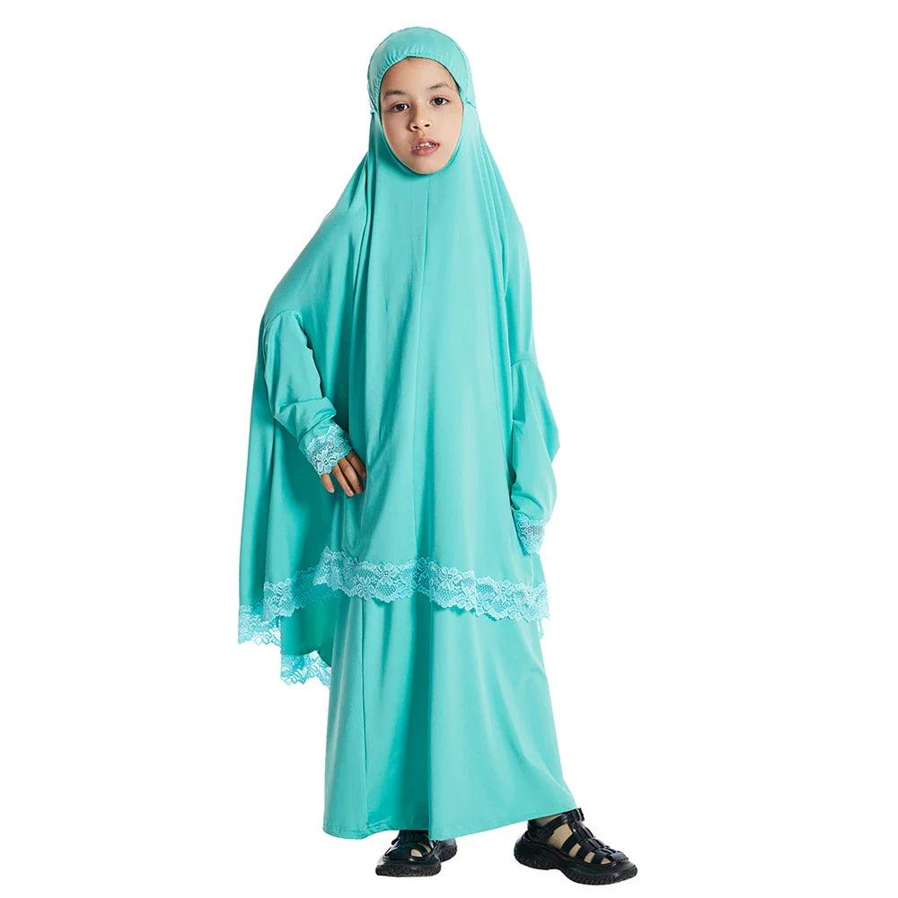 AAI- Set Prayer Garment Lace Dress Muslim Kids Girls Abaya Gowns Overhead Hijab Long Khimar 2 Piece - Smartify4u