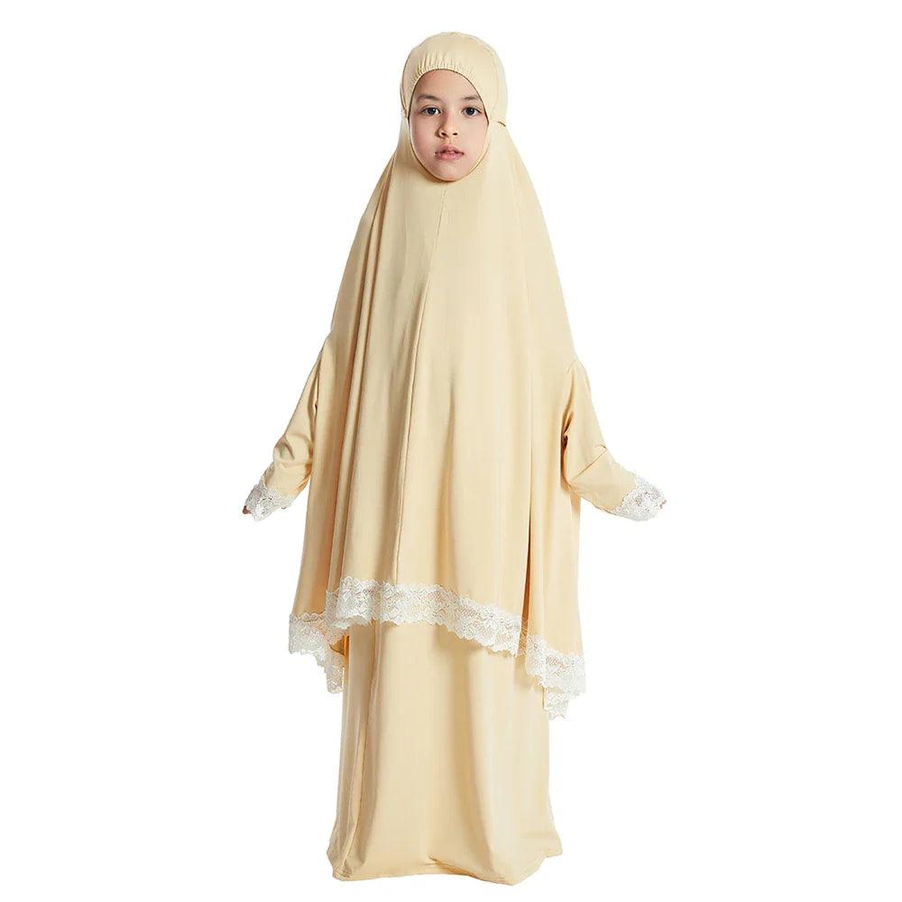 AAI- Set Prayer Garment Lace Dress Muslim Kids Girls Abaya Gowns Overhead Hijab Long Khimar 2 Piece - Smartify4u