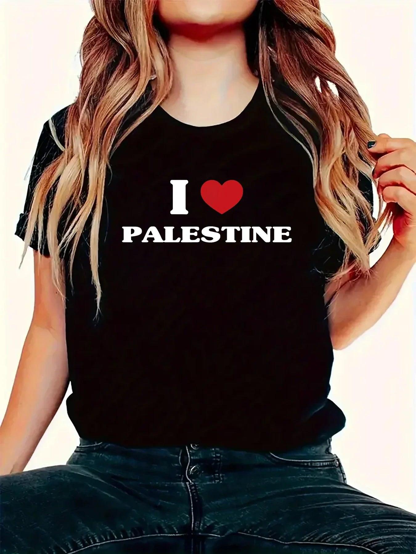 Palestine I Heart Palestine Printed T-Shirt Women Street Trend Harajuku Summer Casual Round Neck Short Sleeve Tops - Smartify4u