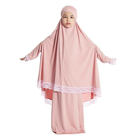 AAI- Set Prayer Garment Lace Dress Muslim Kids Girls Abaya Gowns Overhead Hijab Long Khimar 2 Piece - Smartify4u