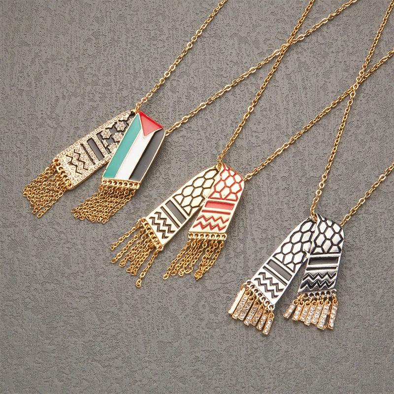 AAP- 1Pc Stainless Steel Scarf Shape Pendant Palestine Scarf Gaza Rhinestone Tassel Necklace Gift - Smartify4u