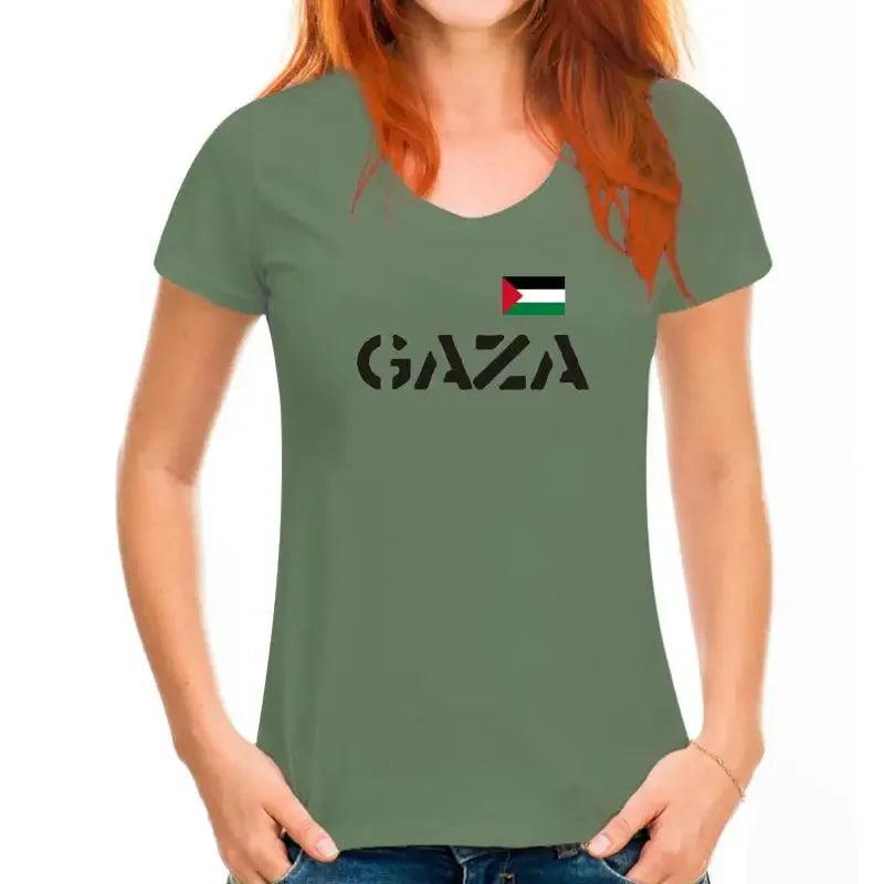 AAP- Fashion ladies T-shirt-Gaza-with flag print-White-s to XL - Palestine - Smartify4u