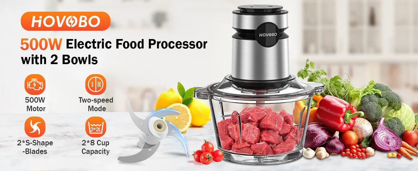 AAH- Food Processor, 500W Electric Meat Grinder Food Chopper with Two 8 Cup Bowls & 2 Bi-Level Blades, 2 Speed - Smartify4u