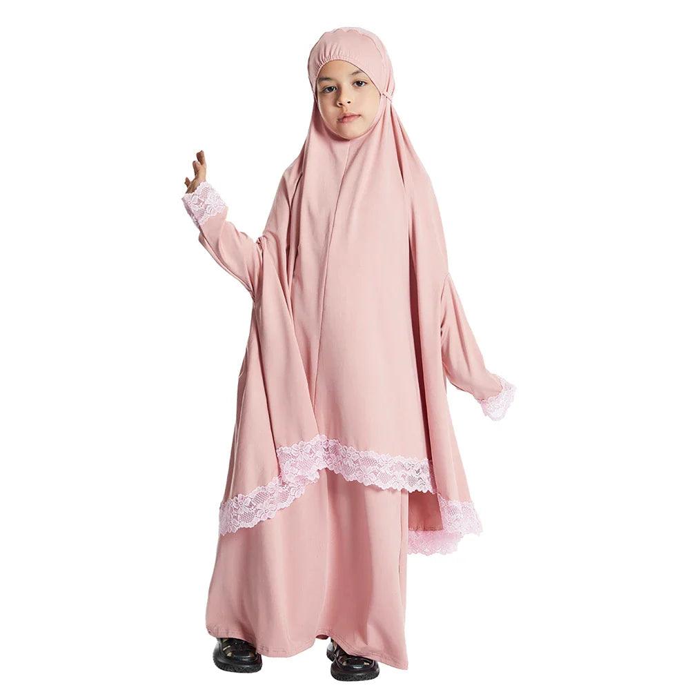 AAI- Set Prayer Garment Lace Dress Muslim Kids Girls Abaya Gowns Overhead Hijab Long Khimar 2 Piece - Smartify4u