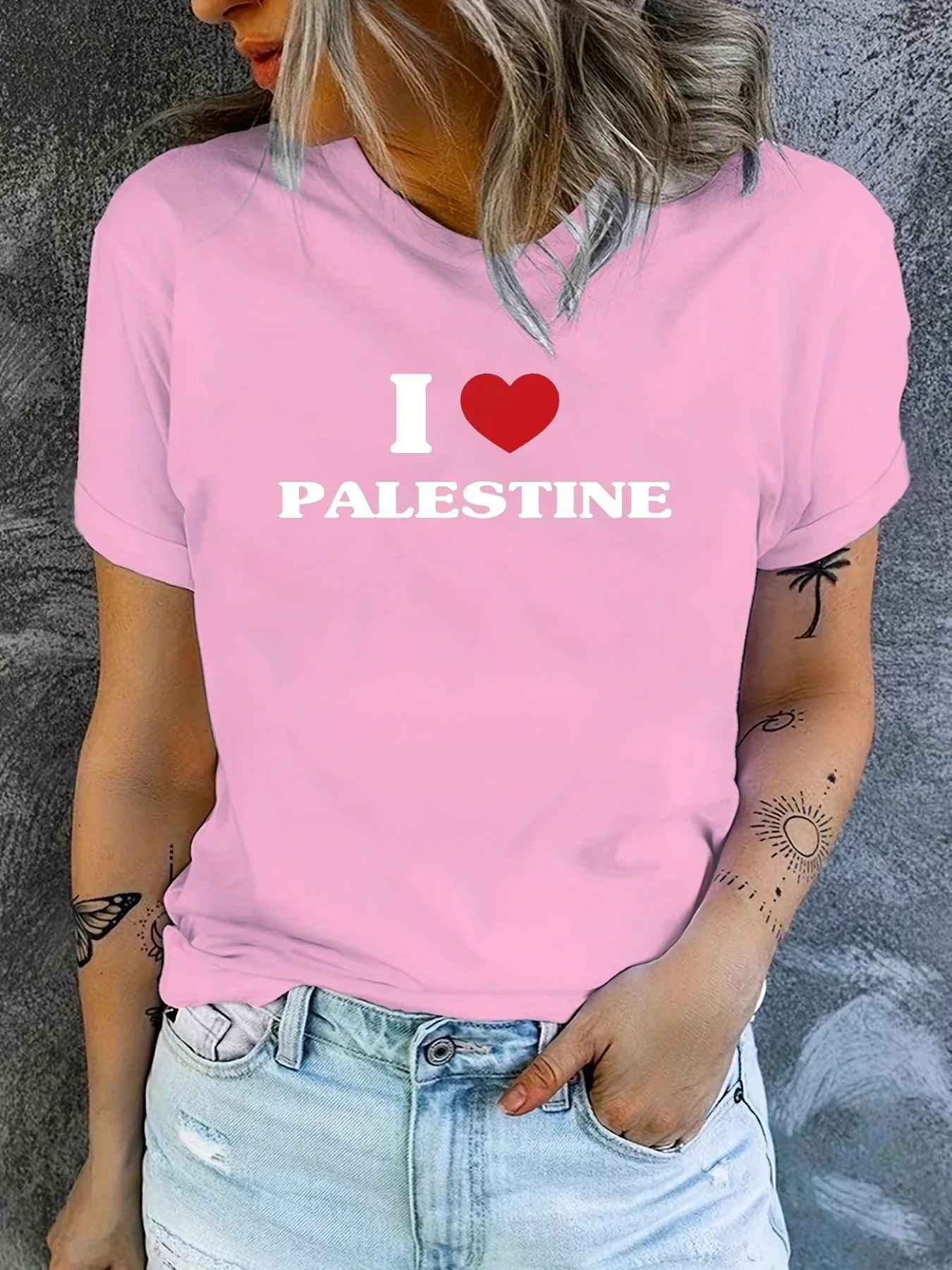 Palestine I Heart Palestine Printed T-Shirt Women Street Trend Harajuku Summer Casual Round Neck Short Sleeve Tops - Smartify4u