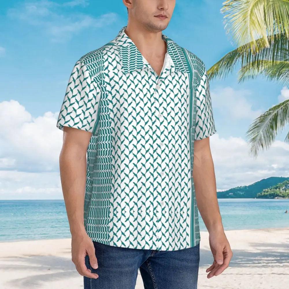 AAP- Palestine Keffiyeh Turquoise Blue Casual Shirt Loose Hawaiian Men Short-Sleeve Beach Street Style Design Oversize Blouses - Smartify4u