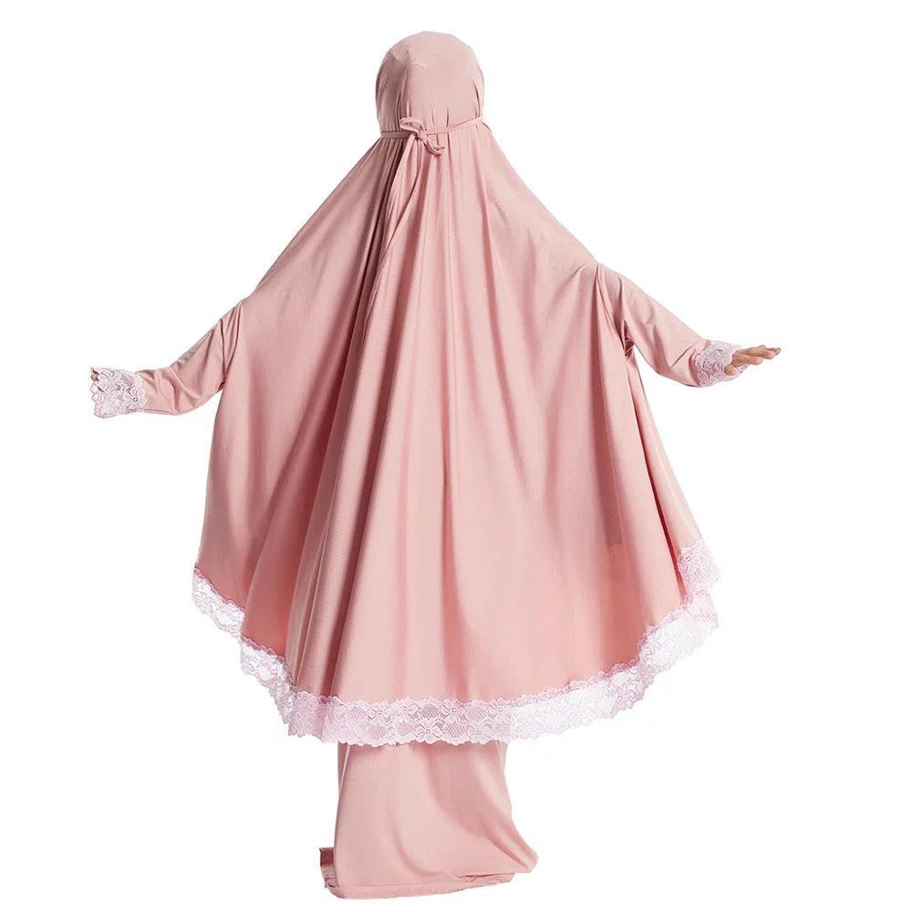 AAI- Set Prayer Garment Lace Dress Muslim Kids Girls Abaya Gowns Overhead Hijab Long Khimar 2 Piece - Smartify4u