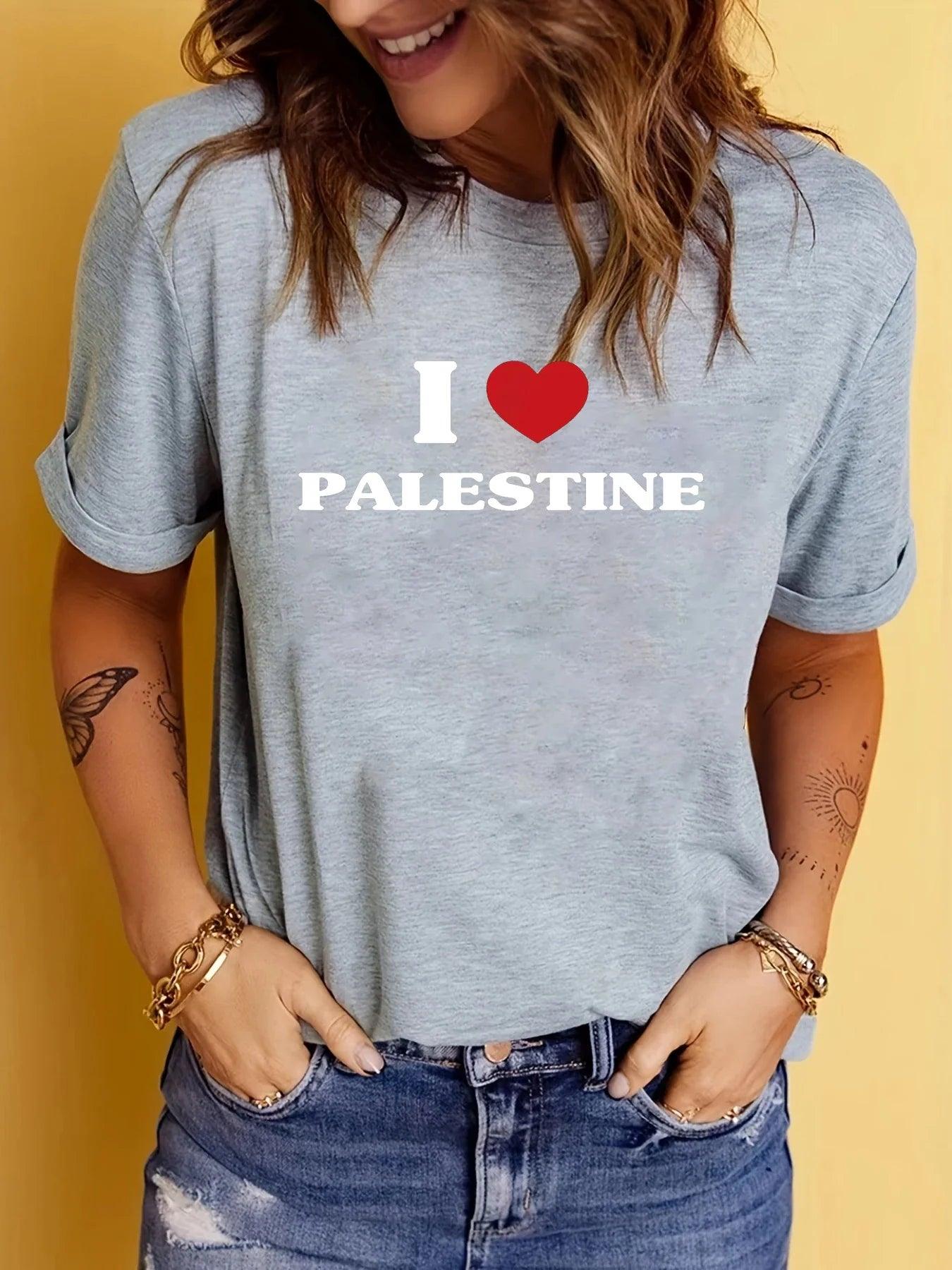 Palestine I Heart Palestine Printed T-Shirt Women Street Trend Harajuku Summer Casual Round Neck Short Sleeve Tops - Smartify4u