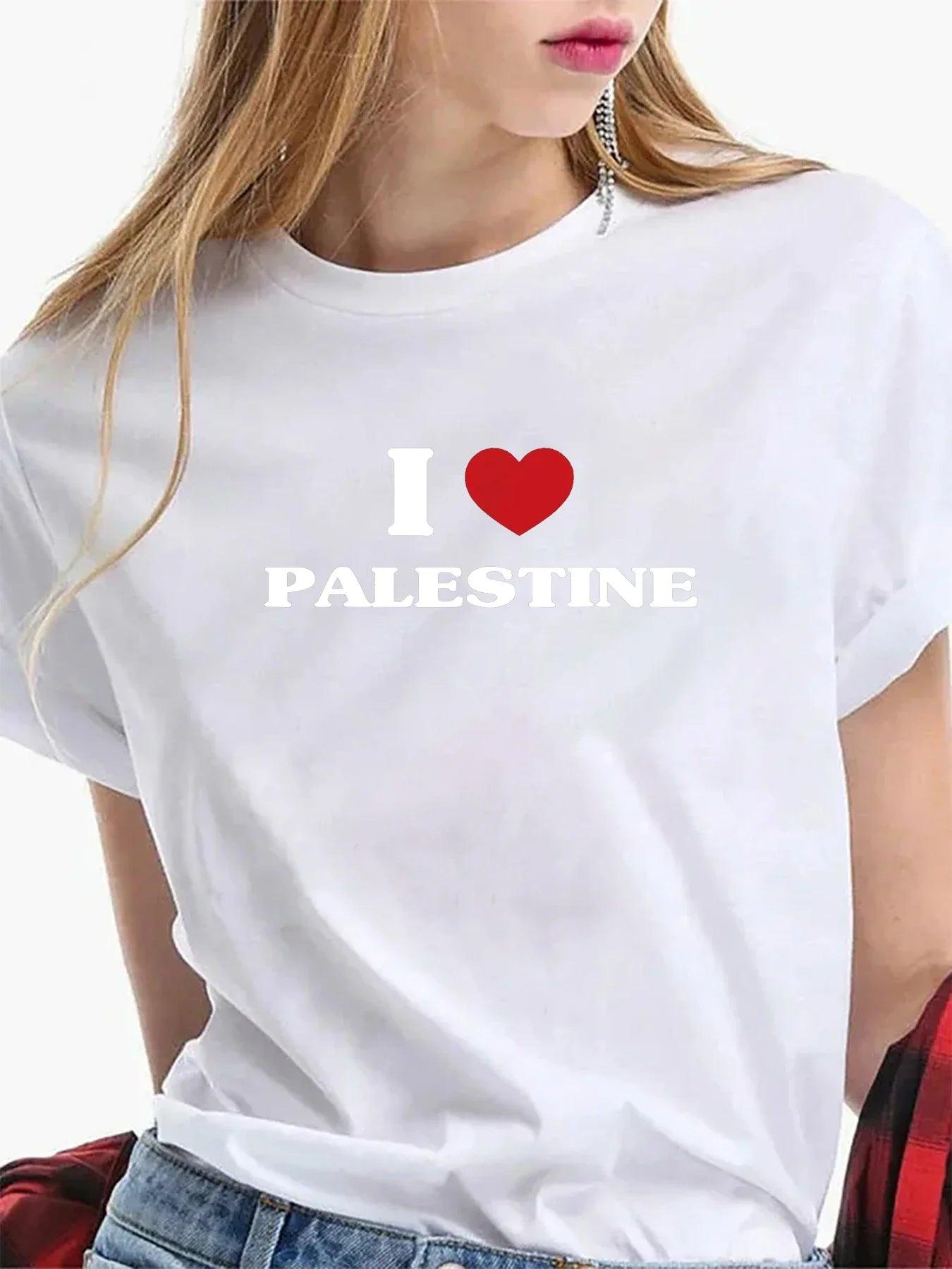 Palestine I Heart Palestine Printed T-Shirt Women Street Trend Harajuku Summer Casual Round Neck Short Sleeve Tops - Smartify4u