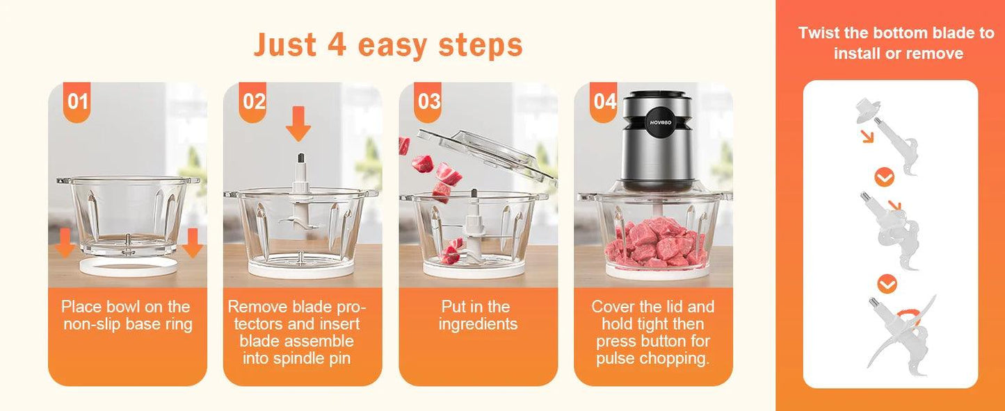 AAH- Food Processor, 500W Electric Meat Grinder Food Chopper with Two 8 Cup Bowls & 2 Bi-Level Blades, 2 Speed - Smartify4u