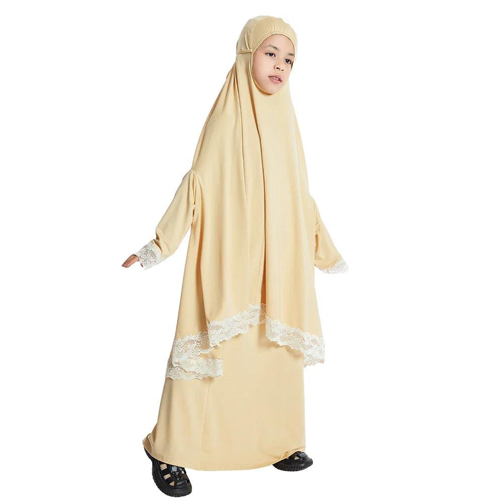 AAI- Set Prayer Garment Lace Dress Muslim Kids Girls Abaya Gowns Overhead Hijab Long Khimar 2 Piece - Smartify4u