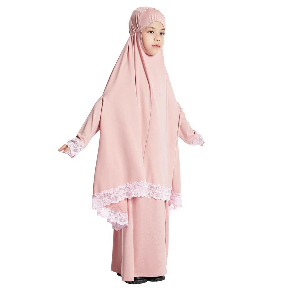 AAI- Set Prayer Garment Lace Dress Muslim Kids Girls Abaya Gowns Overhead Hijab Long Khimar 2 Piece - Smartify4u