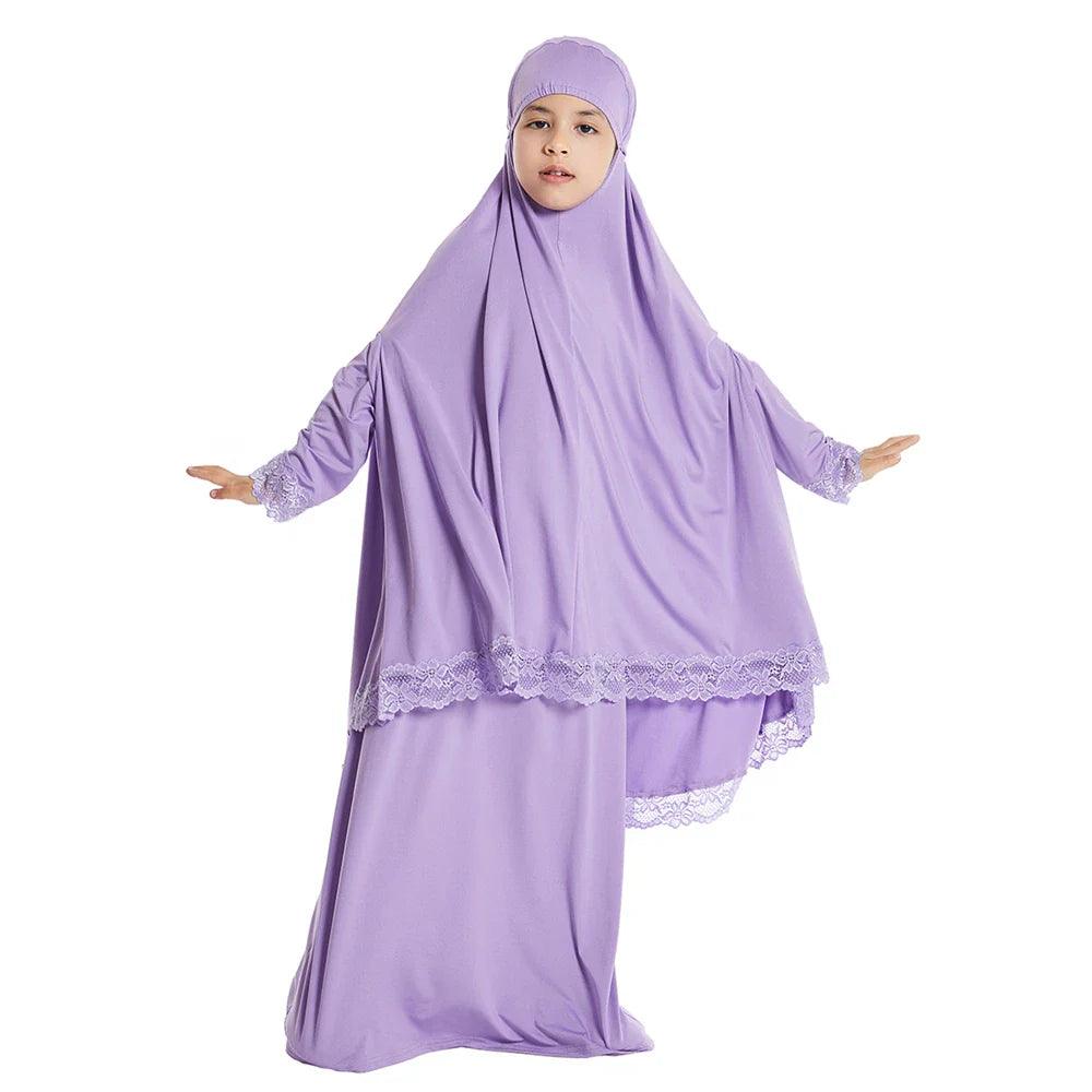 AAI- Set Prayer Garment Lace Dress Muslim Kids Girls Abaya Gowns Overhead Hijab Long Khimar 2 Piece - Smartify4u