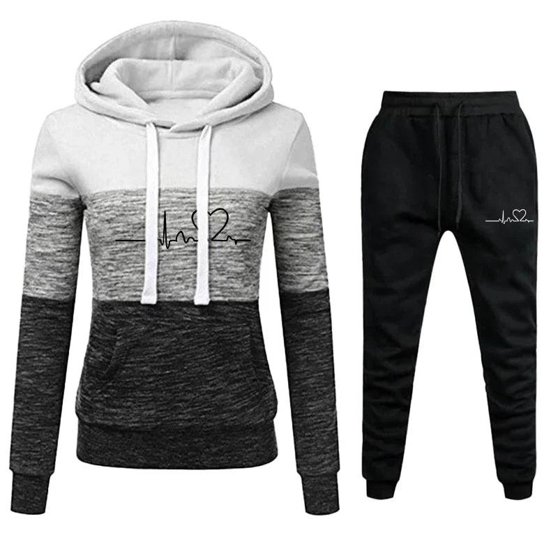 AAW- New Women's Long Sleeved Pants Set Wool Pullover Sweatshirt Tri Color Panel Hoodie Top Sweatpants Set Plus Size S-4XL - Smartify4u