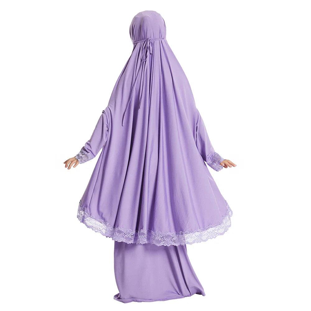 AAI- Set Prayer Garment Lace Dress Muslim Kids Girls Abaya Gowns Overhead Hijab Long Khimar 2 Piece - Smartify4u