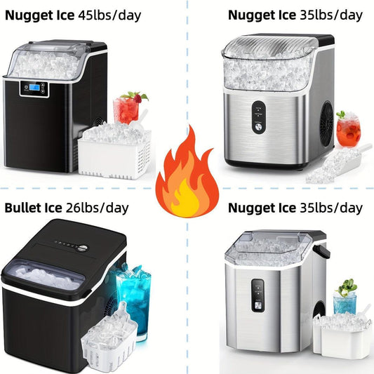 ATH- Ice Maker Countertop, Nugget/Bullet Ice Maker, 44Lbs/24H And 26.5lbs/24H, 9 Bullet Ice Cubes In 6 Mins, Crushed Chewable, Self-Cleaning, Stainless Steel - Smartify4u