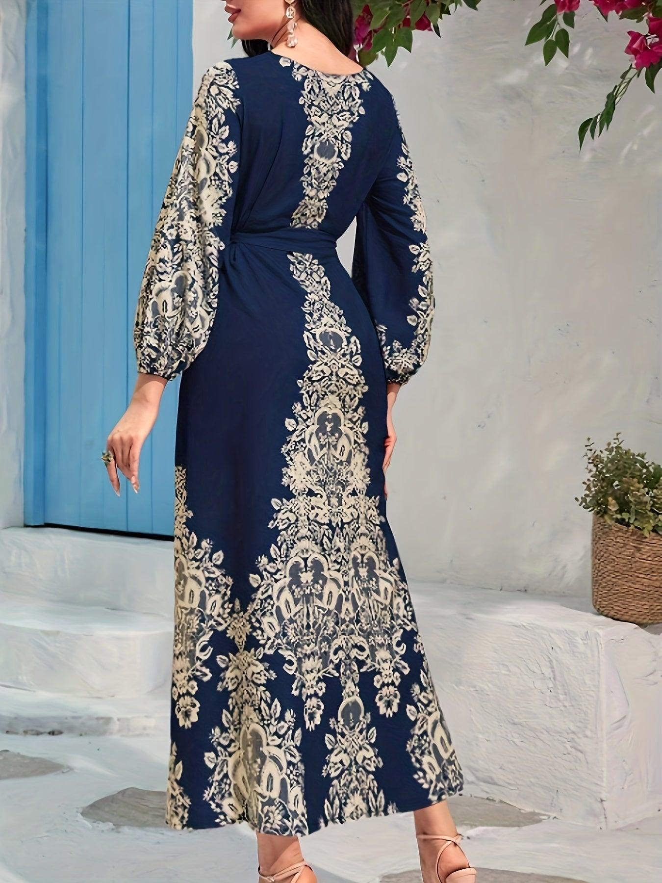 ATI- Elegant Floral Print Long Sleeve Maxi Tie Waist Kaftan Dress - Comfortable Polyester Abaya with Belt - Smartify4u